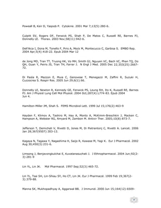 Poweall B, Keir D, Yaqoob P. Cytokine. 2001 Mar 7;13(5):280-6.


Culpitt SV, Rogers DF, Fenwick PS, Shah P, De Matos C, Russell RE, Barnes PJ,
Donnelly LE. Thorax. 2003 Nov;58(11):942-6.


Dell'Aica I, Dona M, Tonello F, Piris A, Mock M, Montecucco C, Garbisa S. EMBO Rep.
2004 Apr;5(4):418-22. Epub 2004 Mar 12


de Jong MD, Tran TT, Truong HK, Vo MH, Smith GJ, Nguyen VC, Bach VC, Phan TQ, Do
QH, Guan Y, Peiris JS, Tran TH, Farrar J. N Engl J Med. 2005 Dec 22;353(25):2667-
72.


Di Paola R, Mazzon E, Muia C, Genovese T, Menegazzi M, Zaffini R, Suzuki H,
Cuzzocrea S. Respir Res. 2005 Jun 29;6(1):66.


Donnelly LE, Newton R, Kennedy GE, Fenwick PS, Leung RH, Ito K, Russell RE, Barnes
PJ. Am J Physiol Lung Cell Mol Physiol. 2004 Oct;287(4):L774-83. Epub 2004
Jun 4.


Hamilton-Miller JM, Shah S. FEMS Microbiol Lett. 1999 Jul 15;176(2):463-9


Hayden F, Klimov A, Tashiro M, Hay A, Monto A, McKimm-Breschkin J, Macken C,
Hampson A, Webster RG, Amyard M, Zambon M. Antivir Ther. 2005;10(8):873-7.


Jefferson T, Demicheli V, Rivetti D, Jones M, Di Pietrantonj C, Rivetti A. Lancet. 2006
Jan 28;367(9507):303-13.


Kagaya N, Tagawa Y, Nagashima H, Saijo R, Kawase M, Yagi K. Eur J Pharmacol. 2002
Aug 30;450(3):231-6.


Limsong J, Benjavongkulchai E, Kuvatanasuchati J. J Ethnopharmacol. 2004 Jun;92(2-
3):281-9


Lin YL, Lin JK.   Mol Pharmacol. 1997 Sep;52(3):465-72.


Lin YL, Tsai SH, Lin-Shiau SY, Ho CT, Lin JK. Eur J Pharmacol. 1999 Feb 19;367(2-
3):379-88.


Manna SK, Mukhopadhyay A, Aggarwal BB. J Immunol. 2000 Jun 15;164(12):6509-



                                                                                    13
 