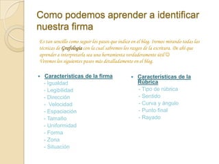 Como podemos aprender a identificar
nuestra firma
Es tan sencillo como seguir los pasos que indico en el blog. Iremos mirando todas las
técnicas de Grafología con la cual sabremos los rasgos de la escritura. De ahí que
aprender a interpretarla sea una herramienta verdaderamente útil 
Veremos los siguientes pasos más detalladamente en el blog.

   Características de la firma                    Características de la
    - Igualdad                                      Rúbrica
    - Legibilidad                                   - Tipo de rúbrica
    - Dirección                                     - Sentido
    - Velocidad                                     - Curva y ángulo
    - Espaciación                                   - Punto final
    - Tamaño                                        - Rayado
    - Uniformidad
    - Forma
    - Zona
    - Situación
 