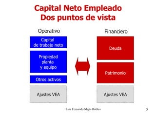 Capital Neto Empleado Dos puntos de vista Luis Fernando Mejía Robles 5 Capital  de trabajo neto Propiedad planta  y equipo Ajustes VEA Deuda Patrimonio Otros activos Operativo Financiero Ajustes VEA 