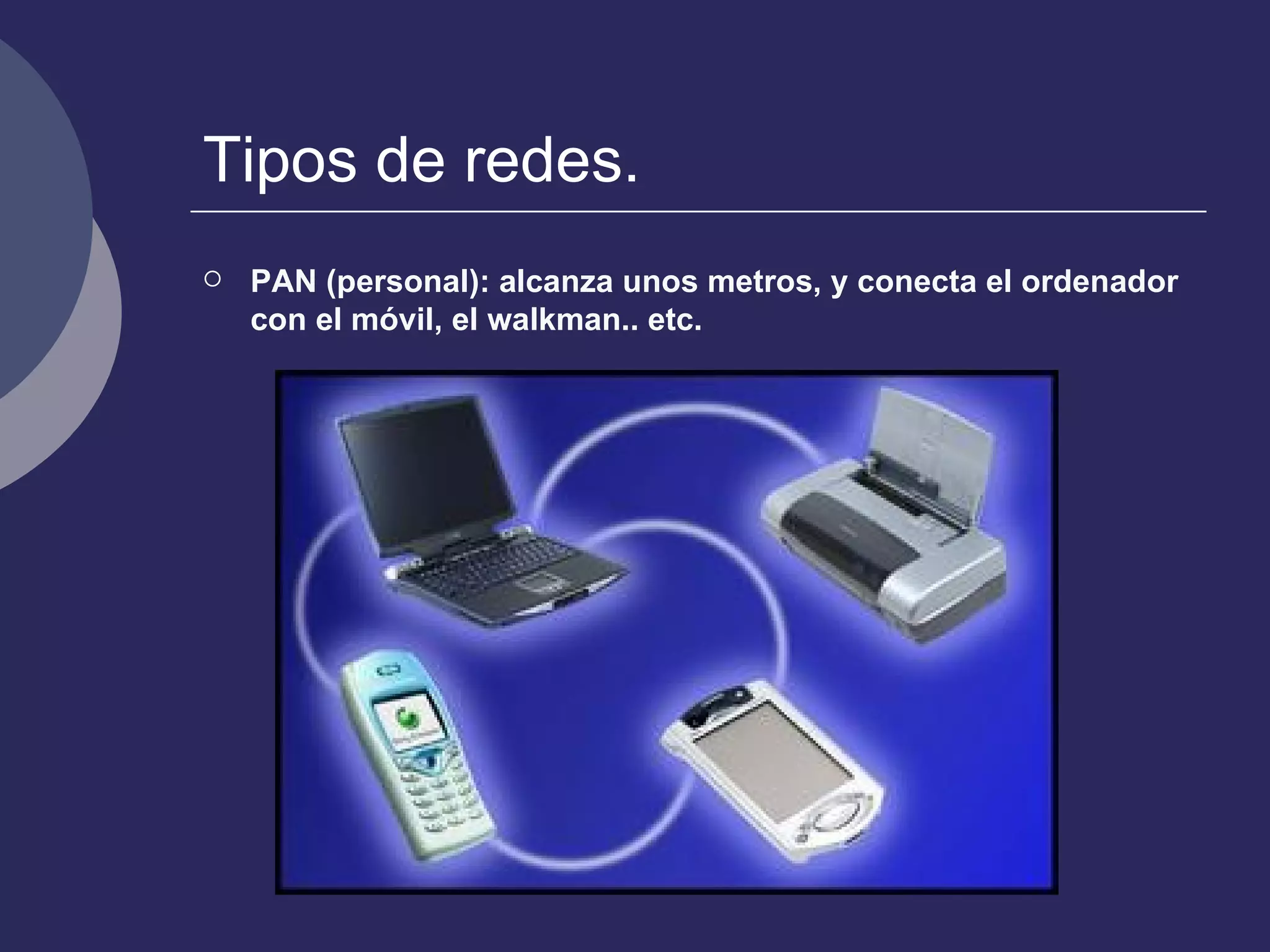 Tipos de redes.  PAN (personal): alcanza unos metros, y conecta el ordenador con el móvil, el walkman.. etc. 