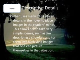 Dome   Descriptive Details
Cather uses many descriptive
  details in the novel to place
  images in the readers’ minds.
  This allows her to take very
  simple scenes, such as Jim
  describing a snowfall, and turn
  them into such vivid images
  that one can picture
  themselves in that situation.
 