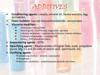 ADDITIVES
 Conditioning agents: Lanolin, mineral oil, herbal extracts, egg
derivatives.
 Foam builders: Lauroyl monoethanolamide, sarcosinates
 Viscosity modifiers :
 Electrolytes – NH4Cl, NaCl
 Natural gums – Gum Karaya, tragacanth, alginates
 Cellulose derivatives – Hydroxy ethyl cellulose, methyl cellulose
 Carboxy vinyl polymers – Carbopol 934
 Others – PVP, phosphate esters.
 Sequestering agents : EDTA
 Opacifying agents : Alkanolamides of higher fatty acids, propylene
glycol, Mg, Ca and Zn salts of stearic acid, spermaceti, etc.
 Clarifying agents :
 Solubilizing alcohols – ethanol, isopropanol
 Phosphates –
 Non-ionic solubilizers – polyethoxyated alcohols and esters.
 