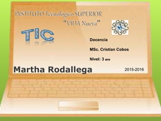 Martha Rodallega
Docencia
MSc. Cristian Cobos
Nivel: 3 ero
2015-2016
 