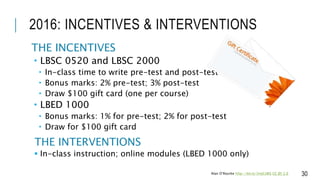 2016: INCENTIVES & INTERVENTIONS
THE INCENTIVES
 LBSC 0520 and LBSC 2000
 In-class time to write pre-test and post-test
 Bonus marks: 2% pre-test; 3% post-test
 Draw $100 gift card (one per course)
 LBED 1000
 Bonus marks: 1% for pre-test; 2% for post-test
 Draw for $100 gift card
THE INTERVENTIONS
 In-class instruction; online modules (LBED 1000 only)
30Alan O’Rourke http://bit.ly/2mjCzBQ CC BY 2.0
 
