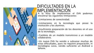 DIFICULTADES EN LA
IMPLEMENTACIÓNA la hora de implementar el EVA podemos
encontrar las siguientes limitaciones:
Limitaciones de conectividad.
Limitaciones en la tecnología que posee la
institución y los alumnos.
Insuficiente preparación de los docentes en el uso
de la tecnología.
Cambios de un modelo transmisivo a un modelo
colaborativo.
Un nuevo EVA ha venido a subsanar muchas de
estas dificultades, pues no requiere preparación, ni
tecnologías caras, siendo suficiente un Android o
Iphone.
 