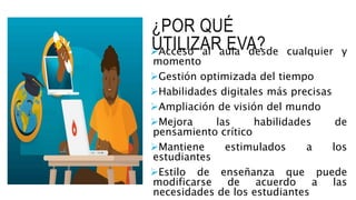 ¿POR QUÉ
UTILIZAR EVA?Acceso al aula desde cualquier y
momento
Gestión optimizada del tiempo
Habilidades digitales más precisas
Ampliación de visión del mundo
Mejora las habilidades de
pensamiento crítico
Mantiene estimulados a los
estudiantes
Estilo de enseñanza que puede
modificarse de acuerdo a las
necesidades de los estudiantes
 