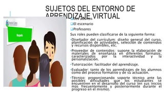 SUJETOS DEL ENTORNO DE
APRENDIZAJE VIRTUALLos adultos
El escenario
Profesores
Sus roles pueden clasificarse de la siguiente forma:
•Diseñador del currículum: diseño general del curso,
planificación de actividades, selección de contenidos
y recursos disponibles, etc.
•Proveedor de contenidos: supone la elaboración de
materiales de enseñanza en diferentes formatos,
caracterizados por la interactividad y la
personalización.
•Tutorización: facilitador del aprendizaje.
•Evaluador: tanto de los aprendizajes de los alumnos
como del proceso formativo y de su actuación.
•Técnico: proporcionando soporte técnico ante las
posibles dificultades que los estudiantes se
encuentren en el desarrollo del curso (en sus inicios
más frecuentemente y posteriormente durante el
progreso en el mismo).
 