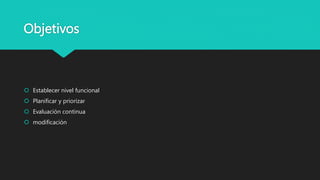 Objetivos
 Establecer nivel funcional
 Planificar y priorizar
 Evaluación continua
 modificación
 