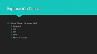 Exploración Clinica
 Historia Clínica – Elementos S y O.
 Ficha de ID
 AHF
 APP
 APNP
 Motivo de consulta
 