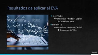 Resultados de aplicar el EVA
 Si el EVA (+)
Rentabilidad > Costo de Capital
Creación de Valor
Si el EVA (-)
Rentabilidad < Costo de Capital
Destrucción de Valor
PÁGINA 8
 