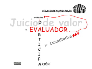 UNIVERSIDAD SIMÓN BOLÍVAR




JuicioP de valor
         tiene una




   el   EVALUADOR
             R
             T
             I
             C
             I
             P
             A CIÓN
 