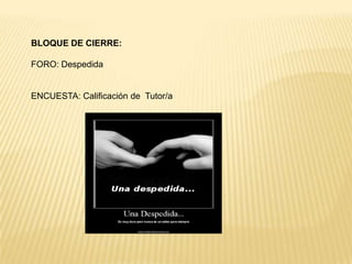 BLOQUE DE CIERRE:

FORO: Despedida


ENCUESTA: Calificación de Tutor/a
 