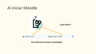 Al iniciar Moodle
¿ Que hacer?
Uno enfrenta recursos y actividades
 