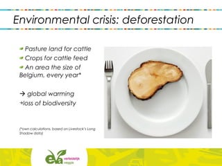 Pasture land for cattle
Crops for cattle feed
An area the size of
Belgium, every year*
 global warming
loss of biodiversity
(*own calculations, based on Livestock’s Long
Shadow data)
Environmental crisis: deforestation
 
