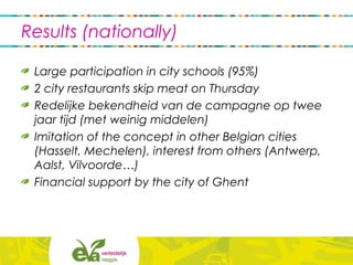 Results (nationally)
Large participation in city schools (95%)
2 city restaurants skip meat on Thursday
Redelijke bekendheid van de campagne op twee
jaar tijd (met weinig middelen)
Imitation of the concept in other Belgian cities
(Hasselt, Mechelen), interest from others (Antwerp,
Aalst, Vilvoorde…)
Financial support by the city of Ghent
 