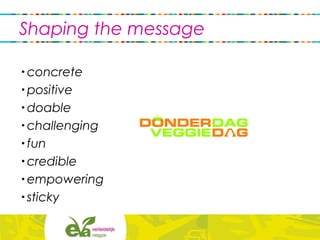 • concrete
• positive
• doable
• challenging
• fun
• credible
• empowering
• sticky
Shaping the message
 