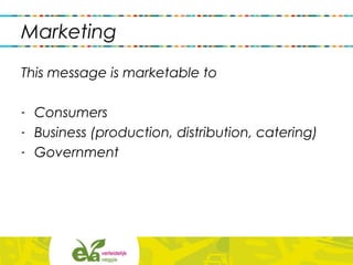 Marketing
This message is marketable to
- Consumers
- Business (production, distribution, catering)
- Government
 