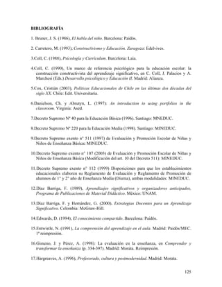 125
BIBLIOGRAFÍA
1. Bruner, J. S. (1986), El habla del niño. Barcelona: Paidós.
2. Carretero, M. (1993), Constructivismo y Educación. Zaragoza: Edelvives.
3.Coll, C. (1988), Psicología y Currículum. Barcelona: Laia.
4.Coll, C. (1990), Un marco de referencia psicológico para la educación escolar: la
construcción constructivista del aprendizaje significativo, en C. Coll, J. Palacios y A.
Marchesi (Eds.) Desarrollo psicológico y Educación II. Madrid: Alianza.
5.Cox, Cristián (2003), Políticas Educacionales de Chile en las últimas dos décadas del
siglo XX. Chile: Edit. Universitaria.
6.Danielson, Ch. y Abrutyn, L. (1997): An introduction to using portfolios in the
classroom. Virginia: Ased.
7.Decreto Supremo Nº 40 para la Educación Básica (1996). Santiago: MNEDUC.
8.Decreto Supremo Nº 220 para la Educación Media (1998). Santiago: MINEDUC.
9.Decreto Supremo exento n° 511 (1997) de Evaluación y Promoción Escolar de Niñas y
Niños de Enseñanza Básica: MINEDUC.
10.Decreto Supremo exento n° 107 (2003) de Evaluación y Promoción Escolar de Niñas y
Niños de Enseñanza Básica (Modificación del art. 10 del Decreto 511): MINEDUC.
11.Decreto Supremo exento n° 112 (1999) Disposiciones para que los establecimientos
educacionales elaboren su Reglamento de Evaluación y Reglamento de Promoción de
alumnos de 1° y 2° año de Enseñanza Media (Diurna), ambas modalidades: MINEDUC.
12.Díaz Barriga, F. (1989), Aprendizajes significativos y organizadores anticipados,
Programa de Publicaciones de Material Didáctico. México: UNAM.
13.Díaz Barriga, F. y Hernández, G. (2000), Estrategias Docentes para un Aprendizaje
Significativo. Colombia: McGraw-Hill.
14.Edwards, D. (1994), El conocimiento compartido. Barcelona: Paidós.
15.Entwistle, N. (1991), La comprensión del aprendizaje en el aula. Madrid: Paidós/MEC.
1ª reimpresión.
16.Gimeno, J. y Pérez, A. (1998): La evaluación en la enseñanza, en Comprender y
transformar la enseñanza (p. 334-397). Madrid: Morata. Reimpresión.
17.Hargreaves, A. (1996), Profesorado, cultura y postmodernidad. Madrid: Morata.
 