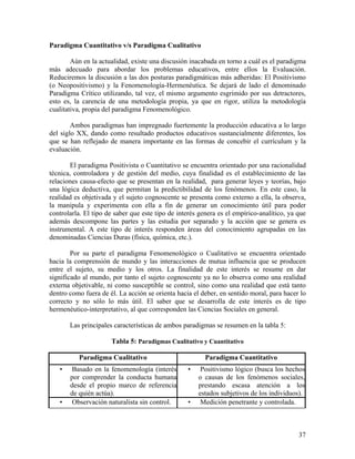 37
Paradigma Cuantitativo v/s Paradigma Cualitativo
Aún en la actualidad, existe una discusión inacabada en torno a cuál es el paradigma
más adecuado para abordar los problemas educativos, entre ellos la Evaluación.
Reduciremos la discusión a las dos posturas paradigmáticas más adheridas: El Positivismo
(o Neopositivismo) y la Fenomenología-Hermenéutica. Se dejará de lado el denominado
Paradigma Crítico utilizando, tal vez, el mismo argumento esgrimido por sus detractores,
esto es, la carencia de una metodología propia, ya que en rigor, utiliza la metodología
cualitativa, propia del paradigma Fenomenológico.
Ambos paradigmas han impregnado fuertemente la producción educativa a lo largo
del siglo XX, dando como resultado productos educativos sustancialmente diferentes, los
que se han reflejado de manera importante en las formas de concebir el currículum y la
evaluación.
El paradigma Positivista o Cuantitativo se encuentra orientado por una racionalidad
técnica, controladora y de gestión del medio, cuya finalidad es el establecimiento de las
relaciones causa-efecto que se presentan en la realidad, para generar leyes y teorías, bajo
una lógica deductiva, que permitan la predictibilidad de los fenómenos. En este caso, la
realidad es objetivada y el sujeto cognoscente se presenta como externo a ella, la observa,
la manipula y experimenta con ella a fin de generar un conocimiento útil para poder
controlarla. El tipo de saber que este tipo de interés genera es el empírico-analítico, ya que
además descompone las partes y las estudia por separado y la acción que se genera es
instrumental. A este tipo de interés responden áreas del conocimiento agrupadas en las
denominadas Ciencias Duras (física, química, etc.).
Por su parte el paradigma Fenomenológico o Cualitativo se encuentra orientado
hacia la comprensión de mundo y las interacciones de mutua influencia que se producen
entre el sujeto, su medio y los otros. La finalidad de este interés se resume en dar
significado al mundo, por tanto el sujeto cognoscente ya no lo observa como una realidad
externa objetivable, ni como susceptible se control, sino como una realidad que está tanto
dentro como fuera de él. La acción se orienta hacia el deber, en sentido moral, para hacer lo
correcto y no sólo lo más útil. El saber que se desarrolla de este interés es de tipo
hermenéutico-interpretativo, al que corresponden las Ciencias Sociales en general.
Las principales características de ambos paradigmas se resumen en la tabla 5:
Tabla 5: Paradigmas Cualitativo y Cuantitativo
Paradigma Cualitativo Paradigma Cuantitativo
• Basado en la fenomenología (interés
por comprender la conducta humana
desde el propio marco de referencia
de quién actúa).
• Positivismo lógico (busca los hechos
o causas de los fenómenos sociales,
prestando escasa atención a los
estados subjetivos de los individuos).
• Observación naturalista sin control. • Medición penetrante y controlada.
 