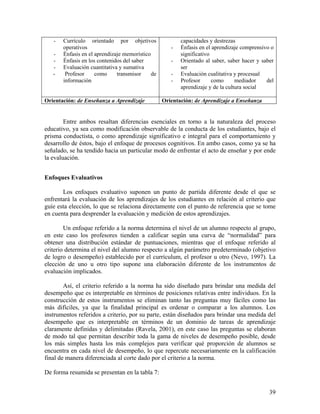 39
- Currículo orientado por objetivos
operativos
- Énfasis en el aprendizaje memorístico
- Énfasis en los contenidos del saber
- Evaluación cuantitativa y sumativa
- Profesor como transmisor de
información
capacidades y destrezas
- Énfasis en el aprendizaje comprensivo o
significativo
- Orientado al saber, saber hacer y saber
ser
- Evaluación cualitativa y procesual
- Profesor como mediador del
aprendizaje y de la cultura social
Orientación: de Enseñanza a Aprendizaje Orientación: de Aprendizaje a Enseñanza
Entre ambos resaltan diferencias esenciales en torno a la naturaleza del proceso
educativo, ya sea como modificación observable de la conducta de los estudiantes, bajo el
prisma conductista, o como aprendizaje significativo e integral para el comportamiento y
desarrollo de éstos, bajo el enfoque de procesos cognitivos. En ambo casos, como ya se ha
señalado, se ha tendido hacia un particular modo de enfrentar el acto de enseñar y por ende
la evaluación.
Enfoques Evaluativos
Los enfoques evaluativo suponen un punto de partida diferente desde el que se
enfrentará la evaluación de los aprendizajes de los estudiantes en relación al criterio que
guíe esta elección, lo que se relaciona directamente con el punto de referencia que se tome
en cuenta para desprender la evaluación y medición de estos aprendizajes.
Un enfoque referido a la norma determina el nivel de un alumno respecto al grupo,
en este caso los profesores tienden a calificar según una curva de “normalidad” para
obtener una distribución estándar de puntuaciones, mientras que el enfoque referido al
criterio determina el nivel del alumno respecto a algún parámetro predeterminado (objetivo
de logro o desempeño) establecido por el currículum, el profesor u otro (Nevo, 1997). La
elección de uno u otro tipo supone una elaboración diferente de los instrumentos de
evaluación implicados.
Así, el criterio referido a la norma ha sido diseñado para brindar una medida del
desempeño que es interpretable en términos de posiciones relativas entre individuos. En la
construcción de estos instrumentos se eliminan tanto las preguntas muy fáciles como las
más difíciles, ya que la finalidad principal es ordenar o comparar a los alumnos. Los
instrumentos referidos a criterio, por su parte, están diseñados para brindar una medida del
desempeño que es interpretable en términos de un dominio de tareas de aprendizaje
claramente definidas y delimitadas (Ravela, 2001), en este caso las preguntas se elaboran
de modo tal que permitan describir toda la gama de niveles de desempeño posible, desde
los más simples hasta los más complejos para verificar qué proporción de alumnos se
encuentra en cada nivel de desempeño, lo que repercute necesariamente en la calificación
final de manera diferenciada al corte dado por el criterio a la norma.
De forma resumida se presentan en la tabla 7:
 