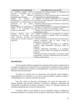 57
APRENDIZAJES ESPERADOS CRITERIOS DE EVALUACIÓN
Los estudiantes adoptan criterios
generales y específicos para la
construcción de diferentes
instrumentos de evaluación.
-Comprenden los criterios generales de construcción de
instrumentos de evaluación.
-Comprenden los criterios específicos para la construcción
de instrumentos de evaluación particulares.
Aplican los criterios y
procedimientos de construcción de
instrumentos de evaluación para la
generación de sus propios
instrumentos.
- Elaboran sus propios instrumentos de evaluación
utilizando los criterios generales y específicos propios del
tipo de instrumento.
- Identifican distintos tipos de instrumentos en función de
su intencionalidad evaluativa.
Aplican modelos de confiabilidad y
validez a los instrumento de
evaluación desarrollados.
- Someten los instrumentos de evaluación diseñados por
ellos mismos a modelos de confiabilidad y validez.
- Someten otros instrumentos de evolución a modelos de
confiabilidad y validez.
Elaboran distintos tipos de
instrumentos de evaluación para
medir diferentes procesos de
aprendizajes en distintos momentos
educativos.
- Elaboran instrumentos de procedimiento de Prueba:
construyen preguntas y distintos ítems con diferentes
niveles de dificultad.
- Elaboran instrumentos de procedimientos de observación:
registros anecdóticos, listas de cotejo, escalas de
apreciación, escalas de actitud.
- Elaboran instrumentos relacionados a la evaluación
auténtica: mapas conceptuales, portafolios, mapas de
progreso.
-Elaboran instrumentos relacionados a la evaluación
sumativa: pruebas, trabajos de investigación, monografías,
proyectos.
-Elaboran instrumentos relacionados a la evaluación según
temporalidad e intención: diagnóstica-inicial; de proceso-
formativa; final-sumativa.
Introducción.-
En esta segunda unidad te entregamos los elementos básicos para la construcción de
tus propios instrumentos de evaluación. En esta oportunidad se establecen criterios técnicos
generales y consideraciones respecto a los procedimientos a seguir para la construcción de
diferentes tipos de instrumentos.
Se realiza un recorrido por los instrumentos más utilizados según finalidad e
intencionalidad de la evaluación, a la vez que se intenta establecer criterios de validez y
confiabilidad para la evaluación interna de los mismos.
Para tales efectos se presentan procedimientos de prueba, de observación, de
trabajos aplicados, para procesos sumativos y formativos, tendientes a desarrollar una
racionalidad de producción evaluativa orientada a abarcar los diferentes procesos de
enseñanza-aprendizaje que ocurren en la sala de clases.
El objetivo último de esta unidad es que los estudiantes asuman y apliquen los
criterios presentados en la construcción de sus propios instrumentos evaluativos, de diversa
 