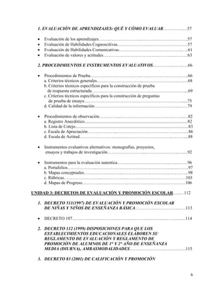 6
1. EVALUACIÓN DE APRENDIZAJES: QUÉ Y CÓMO EVALUAR…………..…57
• Evaluación de los aprendizajes…………………………………………………….57
• Evaluación de Habilidades Cognoscitivas…………………………………………57
• Evaluación de Habilidades Comunicativas…………………………………….…..61
• Evaluación de valores y actitudes………………………………………………….63
2. PROCEDIMIENTOS E INSTRUMENTOS EVALUATIVOS…………..…….….66
• Procedimientos de Prueba……………………………..……………………….…..66
a. Criterios técnicos generales…………………………..……………………….…68
b. Criterios técnicos específicos para la construcción de prueba
de respuesta estructurada………………………………………………………....69
c. Criterios técnicos específicos para la construcción de preguntas
de prueba de ensayo…………………………………………………………......75
d. Calidad de la información………………………………………………….……79
• Procedimientos de observación…………...…………………………………….….82
a. Registro Anecdótico..............................................................................................82
b. Lista de Cotejo.......................................................................................................83
c. Escala de Apreciación………………...…………………………………..……...86
d. Escala de Actitud………………………..……………………………..………...88
• Instrumentos evaluativos alternativos: monografías, proyectos,
ensayos y trabajos de investigación……………………..…………………...…....92
• Instrumentos para la evaluación autentica…….………………………...…..……..96
a. Portafolios………………..……………………………….…………….………..97
b. Mapas conceptuales……………………...………………………….…………...98
c. Rúbricas……………………...…………………………………………………103
d. Mapas de Progreso…………………………..…………………………………106
UNIDAD 3: DECRETOS DE EVALUACIÓN Y PROMOCIÓN ESCOLAR…..…112
1. DECRETO 511(1997) DE EVALUACIÓN Y PROMOCIÓN ESCOLAR
DE NIÑAS Y NIÑOS DE ENSEÑANZA BÁSICA…………..……………...….113
• DECRETO 107………….…………………………………………………..……114
2. DECRETO 112 (1999) DISPOSICIONES PARA QUE LOS
ESTABLECIMIENTOS EDUCACIONALES ELABOREN SU
REGLAMENTO DE EVALUACIÓN Y REGLAMENTO DE
PROMOCIÓN DE ALUMNOS DE 1° Y 2° AÑO DE ENSEÑANZA
MEDIA (DIURNA), AMBASMODALIDADES……………………………..….115
3. DECRETO 83 (2001) DE CALIFICACIÓN Y PROMOCIÓN
 
