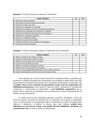 86
Ejemplo 2: Lista de Cotejo para evaluar una "disertación".
INDICADORES SI NO
01. Domina el tema presentado
02. Desarrolla el tema de manera secuenciada
03. Enfatiza las ideas relevantes
04. Expresa los contenidos con claridad
05. Relaciona la temática con otros contenidos disciplinarios
06. Relaciona los contenidos con situaciones cotidianas
07. Promueve la reflexión del auditorium con preguntas
08. Sintetiza los contenidos expuestos
09. Utiliza un vocabulario técnico
10. Mantiene la atención del público
11. Emplea material de apoyo (didáctico/tecnológico)
12. Se adecua al tiempo asignado
Ejemplo 3: Lista de Cotejo para evaluar la "Confección de un entrelazado"
INDICADORES SI NO
01. Marca el molde de las ruedas con tapas
02. Realiza el molde de las ruedas con tijera
03. Mide las tiras de papel de un centímetro
04. Corta las tiras de papel con tijera
05. Dobla los círculos cortados por la mitad
06. Realiza cinco cortes verticales en la rueda
07. Coloca la tira de papel entremedio de los cinco cortes verticales
08. Pega el entrelazado en la orilla inferior de la hoja de block
Estos ejemplos de Listas de Cotejo muestran la variedad de temas o contenidos que
pueden ser evaluados utilizando estos instrumentos, pero también se puede inferir, más allá,
que permiten la verificación del dominio de los contenidos disciplinarios involucrados, que
es posible valorar otros resultados del aprendizaje escolar como los relacionados con
habilidades psicomotoras -como sucede al "pesar un soluto", determinar la "coordinación
visomotora" y "confeccionar un entrelazado"- y con habilidades cognoscitivas que se
pueden inferir a partir de los indicadores que se utilizan para evaluar el desempeño de los
alumnos en una "disertación".
La observación de estos indicadores permiten visualizar, obviamente, a través de
juicio de experto, del grado de desarrollo de los estudiantes con respecto a capacidades
como: la memorización; el razonamiento lógico -estructurado por medio del pensamiento
inductivo y deductivo-; el análisis; la síntesis, entre otras. Además, usando otros
indicadores en esta Lista de Cotejo, sería posible detectar habilidades vinculadas a la
comunicación oral, tal como se muestra a continuación:
 