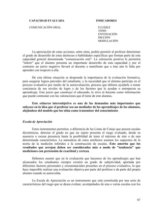 87
CAPACIDAD EVALUADA INDICADORES
COMUNICACIÓN ORAL FLUIDEZ
TONO
ENTONACIÓN
DICCIÓN
MODULACIÓN
La apreciación de estas acciones, entre otras, podría permitir al profesor determinar
el grado de desarrollo de estas destrezas o habilidades específicas que forman parte de esta
capacidad general denominada "comunicación oral”. La valoración positiva le permitirá
"inferir" que el alumno presenta un importante desarrollo de esta capacidad y por el
contrario un juicio negativo llevará al docente a manifestar que a éste aún le falta por
aprender con respecto a ella.
De esta última situación se desprende la importancia de la evaluación formativa,
para asegurar logros parciales del estudiante, y la necesidad que el alumno participe en el
proceso evaluativo por medio de la autoevaluación, proceso que debiera ayudarle a tomar
conciencia de sus niveles de logro y de los factores que le ayudan o entorpecen su
aprendizaje. Este juicio que construye el educando, le sirve al docente como información
que puede contrastar con las valoraciones que él tiene de este alumno.
Este esfuerzo intersubjetivo es una de las demandas más importantes que
subyace en la idea que el profesor sea un mediador de los aprendizajes de los alumnos,
alejándose del modelo que los sitúa como transmisor del conocimiento.
Escala de Apreciación
Estos instrumentos permiten, a diferencia de las Listas de Cotejo que poseen escalas
dicotómicas, detectar el grado en que un sujeto presenta el rasgo evaluado, desde su
ausencia o escasa presencia hasta la posibilidad de tener el máximo de éste o de una
determinada característica. La naturaleza de estos artefactos asumen los supuestos de la
teoría de la medición referidos a la construcción de escalas. Esto amerita que los
resultados que arrojan deben ser considerados más a modo de "tendencia" que
mediciones con pretensión de exactitud y certeza.
Debemos asumir que en la evaluación que hacemos de los aprendizajes que han
alcanzados los estudiantes siempre existirá un grado de subjetividad, aportada por
diferentes factores personales y circunstanciales presentes en el proceso evaluativo, lo que
hace imposible realizar una evaluación objetiva por parte del profesor o de parte del propio
alumno cuando se autoevalúa.
La Escala de Apreciación es un instrumento que está constituida por una serie de
características del rasgo que se desea evaluar, acompañados de una o varias escalas con los
 