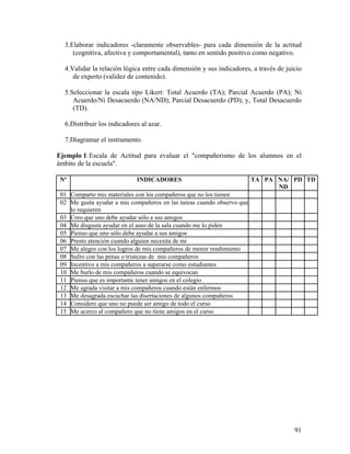 91
3.Elaborar indicadores -claramente observables- para cada dimensión de la actitud
(cognitiva, afectiva y comportamental), tanto en sentido positivo como negativo.
4.Validar la relación lógica entre cada dimensión y sus indicadores, a través de juicio
de experto (validez de contenido).
5.Seleccionar la escala tipo Likert: Total Acuerdo (TA); Parcial Acuerdo (PA); Ni
Acuerdo/Ni Desacuerdo (NA/ND); Parcial Desacuerdo (PD); y, Total Desacuerdo
(TD).
6.Distribuir los indicadores al azar.
7.Diagramar el instrumento.
Ejemplo 1:Escala de Actitud para evaluar el "compañerismo de los alumnos en el
ámbito de la escuela".
Nº INDICADORES TA PA NA/
ND
PD TD
01 Comparto mis materiales con los compañeros que no los tienen
02 Me gusta ayudar a mis compañeros en las tareas cuando observo que
lo requieren
03 Creo que uno debe ayudar sólo a sus amigos
04 Me disgusta ayudar en el aseo de la sala cuando me lo piden
05 Pienso que uno sólo debe ayudar a sus amigos
06 Presto atención cuando alguien necesita de mi
07 Me alegro con los logros de mis compañeros de menor rendimiento
08 Sufro con las penas o tristezas de mis compañeros
09 Incentivo a mis compañeros a superarse como estudiantes
10 Me burlo de mis compañeros cuando se equivocan
11 Pienso que es importante tener amigos en el colegio
12 Me agrada visitar a mis compañeros cuando están enfermos
13 Me desagrada escuchar las disertaciones de algunos compañeros
14 Considero que uno no puede ser amigo de todo el curso
15 Me acerco al compañero que no tiene amigos en el curso
 
