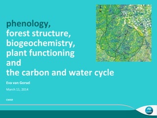 phenology,
forest structure,
biogeochemistry,
plant functioning
and
the carbon and water cycle
Eva van Gorsel
CMAR
March 11, 2014
 