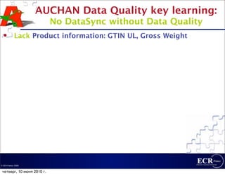 AUCHAN Data Quality key learning:
                            No DataSync without Data Quality
           Lack Product information: GTIN UL, Gross Weight




© ECR France 2009


 четверг, 10 июня 2010 г.
 