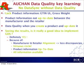 AUCHAN Data Quality key learning:
                            No DataSync without Data Quality
           Lack Product information: GTIN UL, Gross Weight
           Product Information not up-to-date between the
            manufacturer and the retailer
           Data Quality when you create a product and up-date it
           Seeing the results, is it really a good idea to implement
            GDS ?
                – Deﬁnitely YES !
                – Because of:
                   • Manufacturer & Retailer Alignment -> less discrepancies
                   • Virtuous circle!
                   • Product information Up-To-Date
                   • All information available


© ECR France 2009


 четверг, 10 июня 2010 г.
 