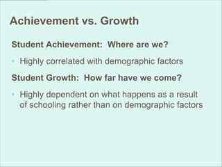 Achievement vs. Growth

Student Achievement: Where are we?
• Highly correlated with demographic factors
Student Growth: How far have we come?
• Highly dependent on what happens as a result
  of schooling rather than on demographic factors
 