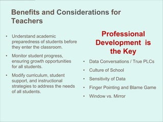 Benefits and Considerations for
  Teachers
• Understand academic                      Professional
  preparedness of students before
  they enter the classroom.
                                          Development is
• Monitor student progress,
                                             the Key
  ensuring growth opportunities     • Data Conversations / True PLCs
  for all students.
                                    • Culture of School
• Modify curriculum, student
  support, and instructional        • Sensitivity of Data
  strategies to address the needs   • Finger Pointing and Blame Game
  of all students.
                                    • Window vs. Mirror
 