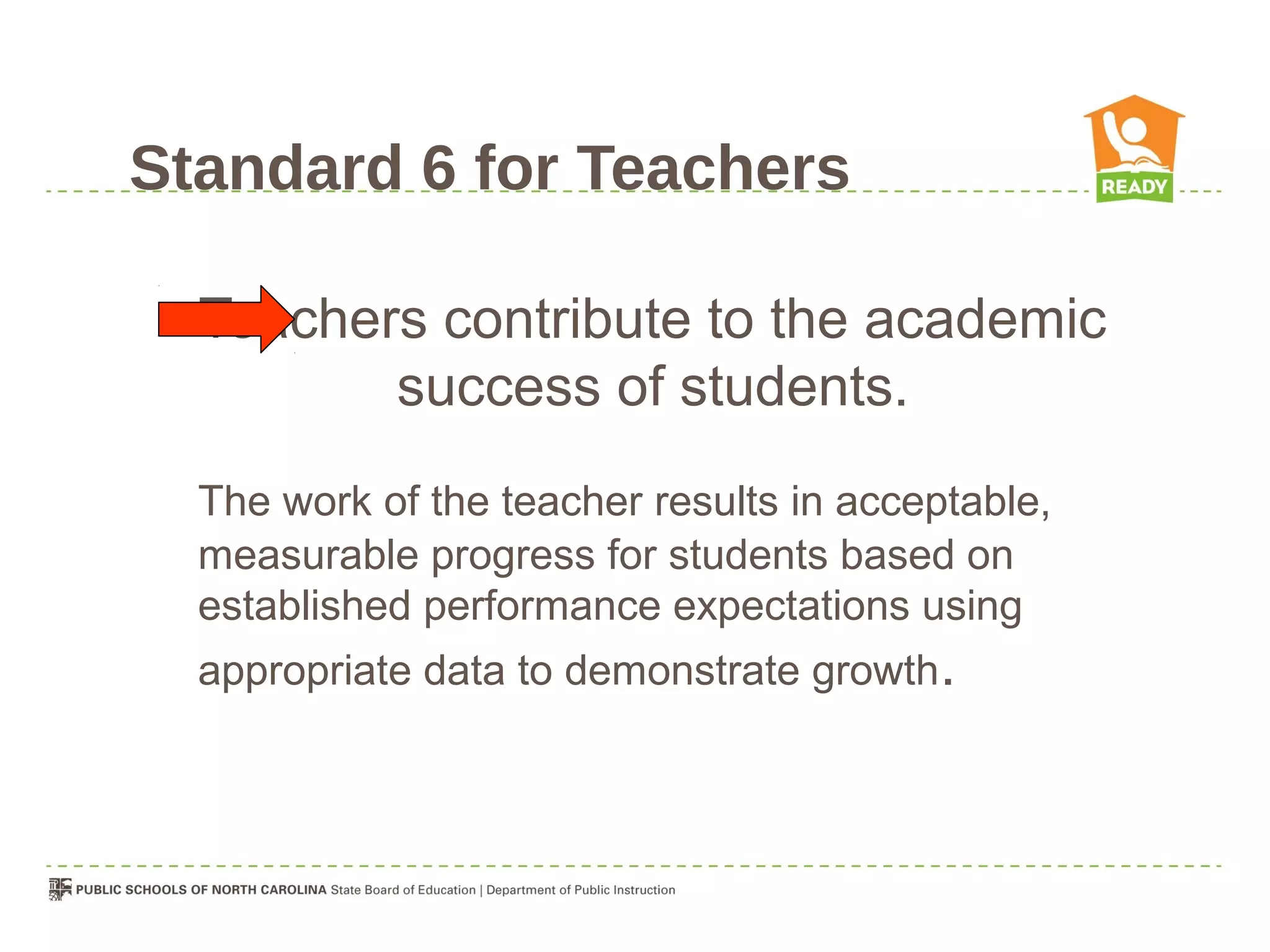 Standard 6 for Teachers

  Teachers contribute to the academic
         success of students.
  The work of the teacher results in acceptable,
  measurable progress for students based on
  established performance expectations using
  appropriate data to demonstrate growth.
 