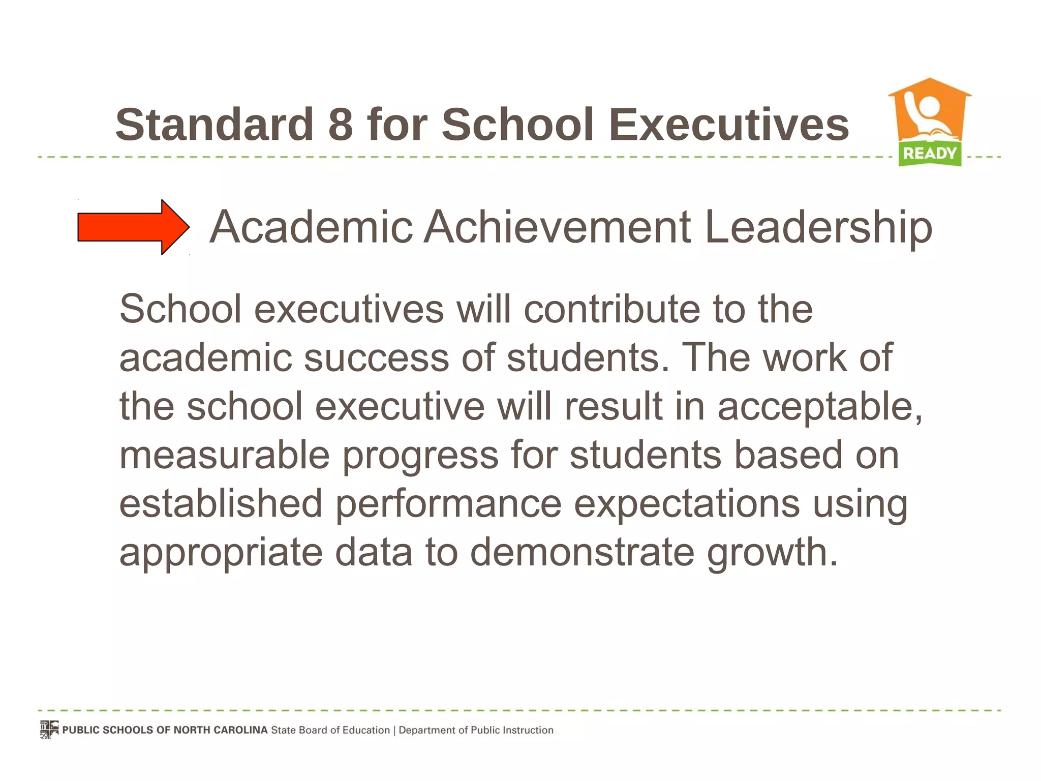 Standard 8 for School Executives

     Academic Achievement Leadership
School executives will contribute to the
academic success of students. The work of
the school executive will result in acceptable,
measurable progress for students based on
established performance expectations using
appropriate data to demonstrate growth.
 