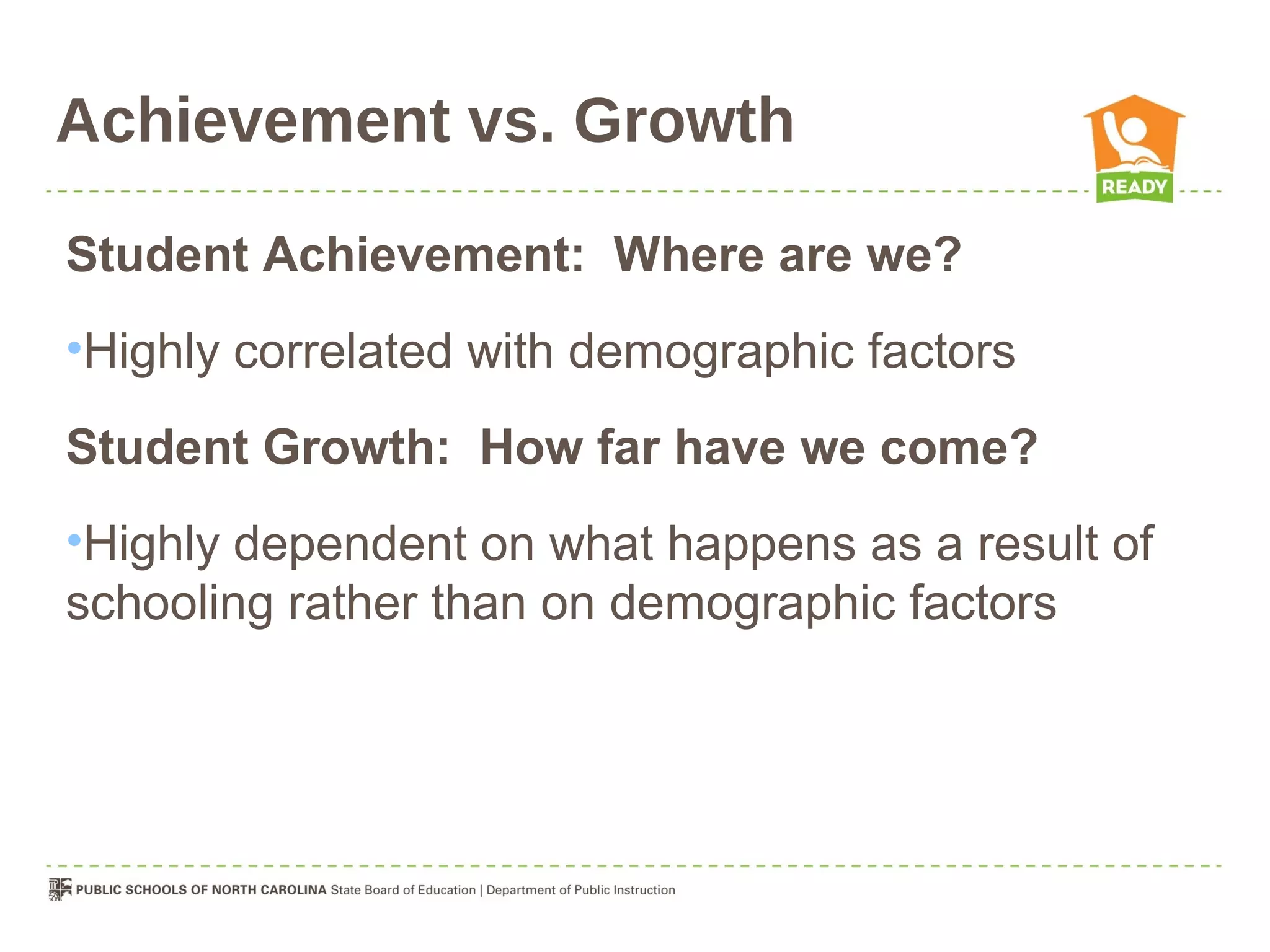 Achievement vs. Growth

Student Achievement: Where are we?
•Highly correlated with demographic factors

Student Growth: How far have we come?
•Highly dependent on what happens as a result of
schooling rather than on demographic factors
 