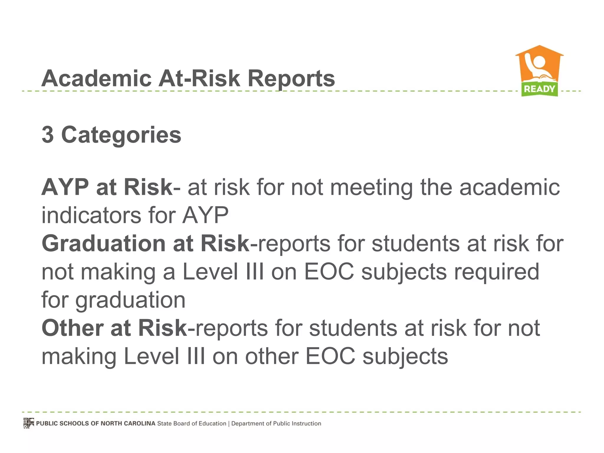 Academic At-Risk Reports

3 Categories

AYP at Risk- at risk for not meeting the academic
indicators for AYP
Graduation at Risk-reports for students at risk for
not making a Level III on EOC subjects required
for graduation
Other at Risk-reports for students at risk for not
making Level III on other EOC subjects
 