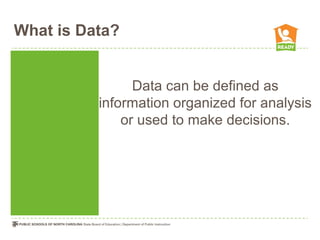 What is Data?


                Data can be defined as
          information organized for analysis
              or used to make decisions.
 