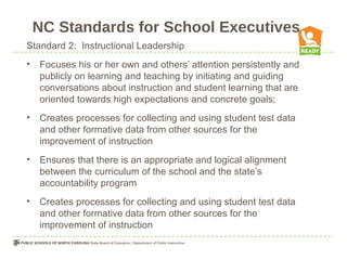 NC Standards for School Executives
Standard 2: Instructional Leadership
•   Focuses his or her own and others’ attention persistently and
    publicly on learning and teaching by initiating and guiding
    conversations about instruction and student learning that are
    oriented towards high expectations and concrete goals;
•   Creates processes for collecting and using student test data
    and other formative data from other sources for the
    improvement of instruction
•   Ensures that there is an appropriate and logical alignment
    between the curriculum of the school and the state’s
    accountability program
•   Creates processes for collecting and using student test data
    and other formative data from other sources for the
    improvement of instruction
 