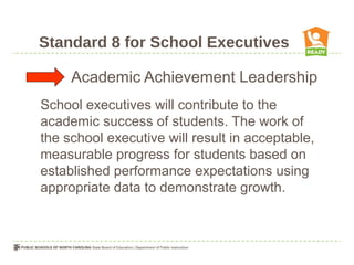 Standard 8 for School Executives

     Academic Achievement Leadership
School executives will contribute to the
academic success of students. The work of
the school executive will result in acceptable,
measurable progress for students based on
established performance expectations using
appropriate data to demonstrate growth.
 