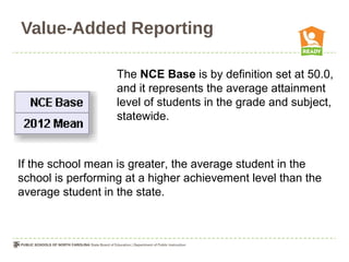 Value-Added Reporting

                   The NCE Base is by definition set at 50.0,
                   and it represents the average attainment
                   level of students in the grade and subject,
                   statewide.



If the school mean is greater, the average student in the
school is performing at a higher achievement level than the
average student in the state.
 