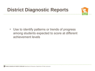 District Diagnostic Reports


 • Use to identify patterns or trends of progress
   among students expected to score at different
   achievement levels
 