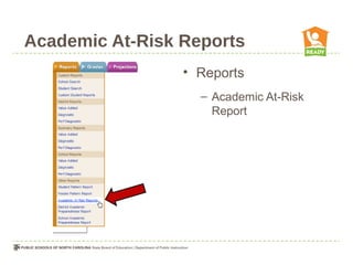Academic At-Risk Reports
                 • Reports
                   – Academic At-Risk
                     Report
 