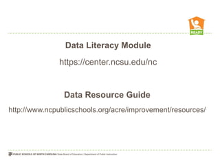 Data Literacy Module
              https://center.ncsu.edu/nc


                Data Resource Guide
http://www.ncpublicschools.org/acre/improvement/resources/
 