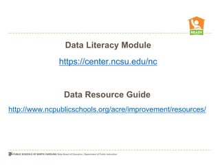 Data Literacy Module
              https://center.ncsu.edu/nc


                Data Resource Guide
http://www.ncpublicschools.org/acre/improvement/resources/
 