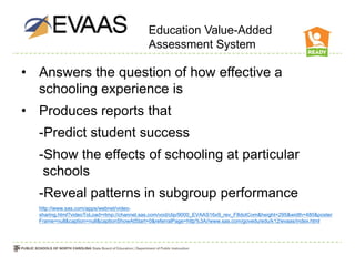 Education Value-Added
                                           Assessment System

• Answers the question of how effective a
  schooling experience is
• Produces reports that
  -Predict student success
  -Show the effects of schooling at particular
   schools
  -Reveal patterns in subgroup performance
  http://www.sas.com/apps/webnet/video-
  sharing.html?videoToLoad=rtmp://channel.sas.com/vod/clip/9000_EVAAS16x9_rev_F8dotCom&height=295&width=480&poster
  Frame=null&caption=null&captionShowAtStart=0&referralPage=http%3A//www.sas.com/govedu/edu/k12/evaas/index.html
 