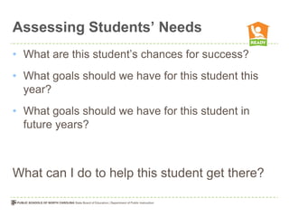 Assessing Students’ Needs
• What are this student’s chances for success?
• What goals should we have for this student this
  year?
• What goals should we have for this student in
  future years?



What can I do to help this student get there?
 