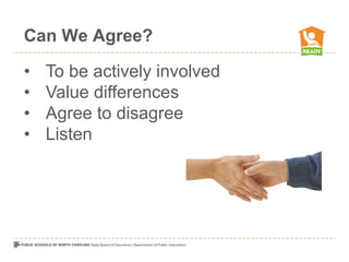 Can We Agree?

•   To be actively involved
•   Value differences
•   Agree to disagree
•   Listen
 