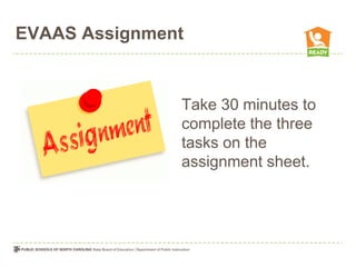 EVAAS Assignment


               Take 30 minutes to
               complete the three
               tasks on the
               assignment sheet.
 